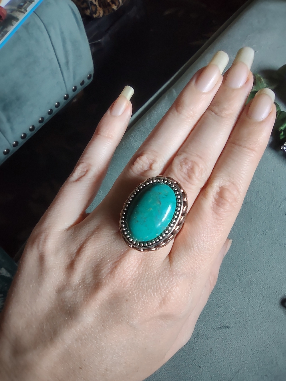 Turquoise Oval Statement Copper Ring - Blue Green Stone